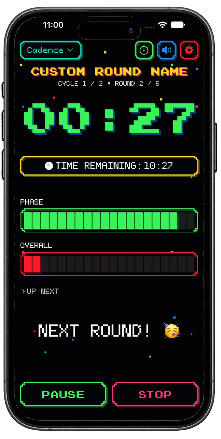 Cadence Clock in a colorful retro-style skin showing progress bars and an upcoming custom round