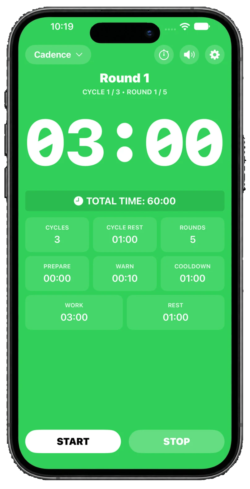 Cadence Clock interval timer showing the green theme, 3 minute work interval, rounds and cycles